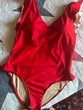 Red One-Piece V-Neck Swimsuit